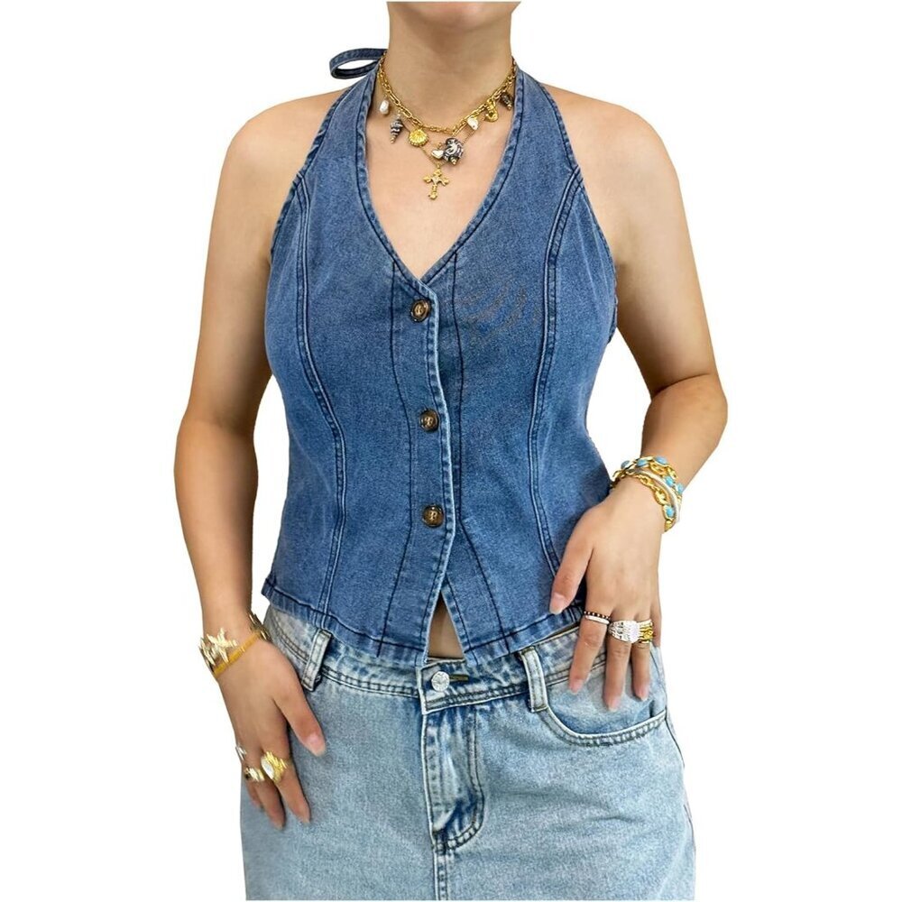 Women Sleeveless Denim Crop Top Y2K Backless V Neck Tie Halter Small